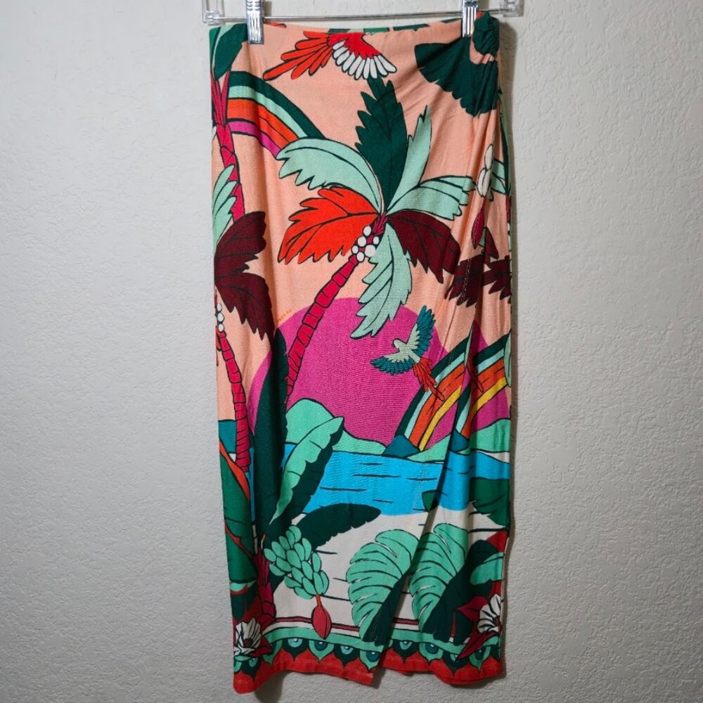 Farm Rio Anthropologie Tropical Palm Beach Print Pull On Wrap Midi Skirt S
